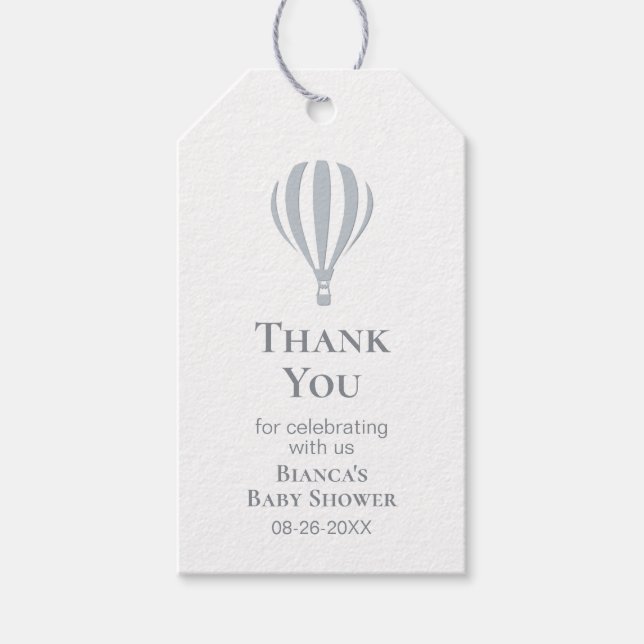 Grått Luftballong Baby Shower Tack Presentetikett (Framsidan)