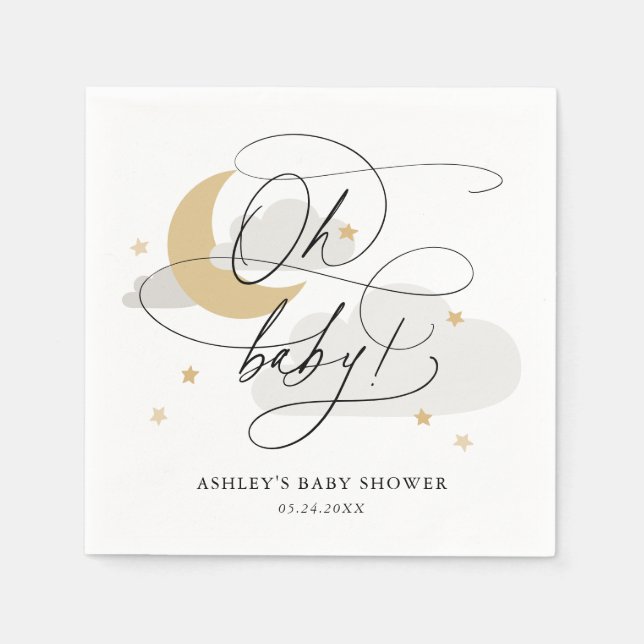 Grått Måne och stjärnskript Oh Baby Shower Napkins Pappersservett (Framsidan)