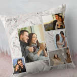 Grått Marble 5 Photo Collage - Loving Life with Yo Kudde<br><div class="desc">Snyggt dekorativ kudde som du kan anpassa med 5 av dina favoritfoton. Mallen är konfigurerad så att du kan lägga till dina foton från lämnat till höger. Dina foton ställs in mot en modern vattenfärgsmarmor i grått och vitt, med en elegantens geometriska utformning i grått och koral. Ordalydelsen lyder "älskar...</div>