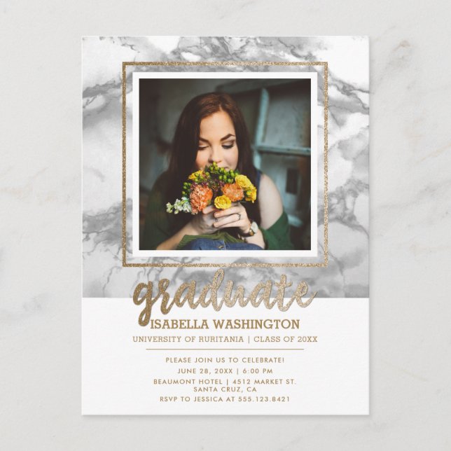 Grått Marble & Guld Glitter Script Photo Studenten Inbjudan Vykort (Framsida)