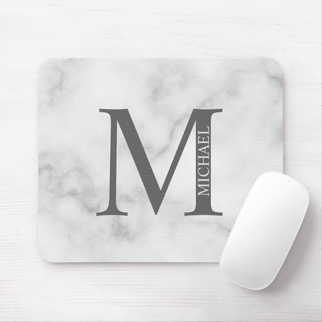 Grått Marble Personlig Monogram och Namn Musmatta (Med mus)