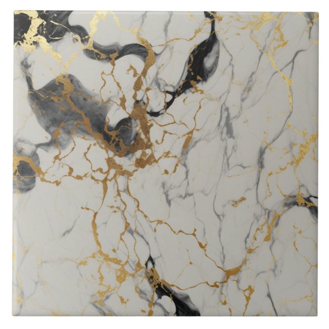 Grått Marble with Black, Brown and Guld Kakelplatta (Framsidan)