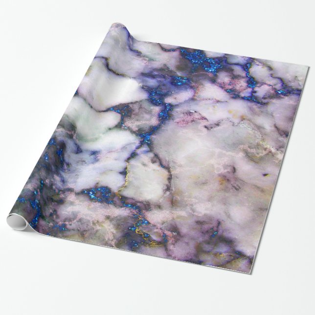Grått Marble with Blue Glitter Presentpapper (Utrullad)