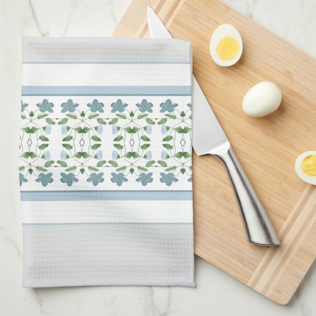 Grått med blå Blommigt Kökshandduk (Vikt i Fjärdedel)