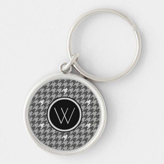 Grått med nyckelkedjan Silver accent Houndstooth Rund Silverfärgad Nyckelring (Framsidan)
