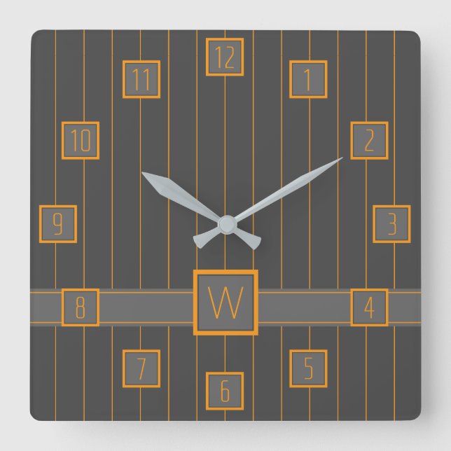 Grått med Orange Streck Clock Fyrkantig Klocka (Framsida)