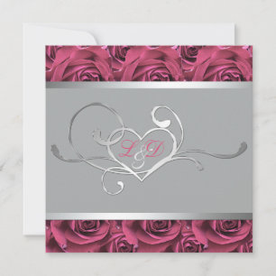 Grått med Rosa ros monogrammad inbjudan