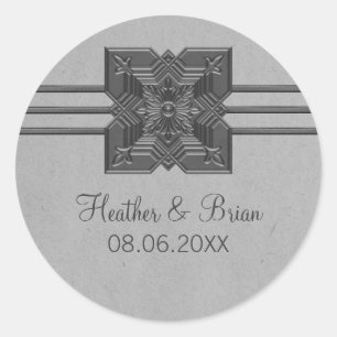 Grått Medallion Gräns Wedding Stickers Runt Klistermärke