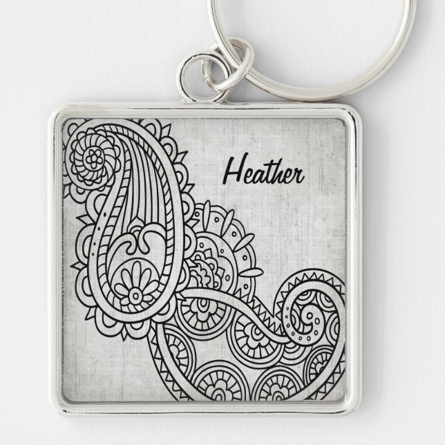 Grått Mehndi Motif Keychain Fyrkantig Silverfärgad Nyckelring (Framsidan)