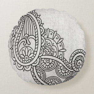 Grått Mehndi Motif Round Pillow Rund Kudde