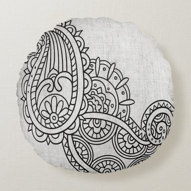 Grått Mehndi Motif Round Pillow Rund Kudde (Framsidan)
