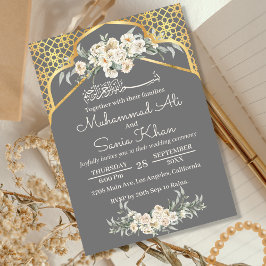 Grått Minimal Blommigt Guld islamisk muslimsk Bröl Inbjudningar