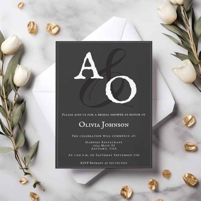 Grått-minimalistisk monogramMöhippa Inbjudningar (Gray Minimalist Monogram Bridal Shower Invitation)