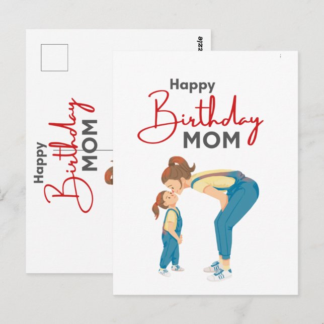 Grått minimalistiskt ”Happy Birthday Mom” Grafik Vykort (Fram/baksida)