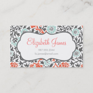 Grått Mint & Coral Retro Blommigt Damask Visitkort