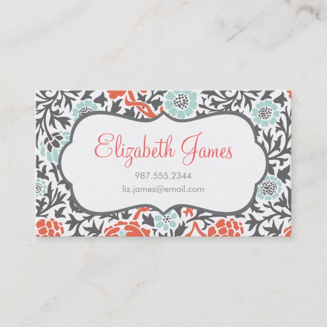 Grått Mint & Coral Retro Blommigt Damask Visitkort (Framsida)