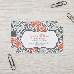 Grått Mint och Coral Retro Blommigt Damask Visitkort