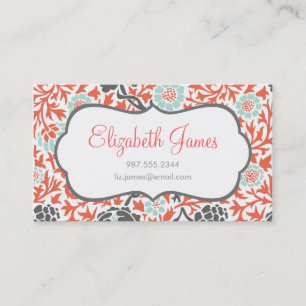 Grått Mint och Coral Retro Blommigt Damask Visitkort