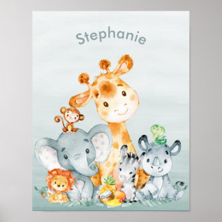 Grått Mint Watercolor Cute Safari Jungle Animals Poster