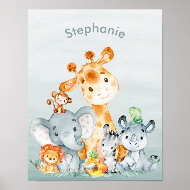 Grått Mint Watercolor Cute Safari Jungle Animals Poster (Framsidan)