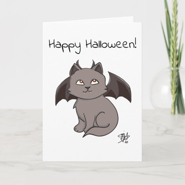 Grått Mischievous Vampre Cat Happy halloween Kort (Framsida)