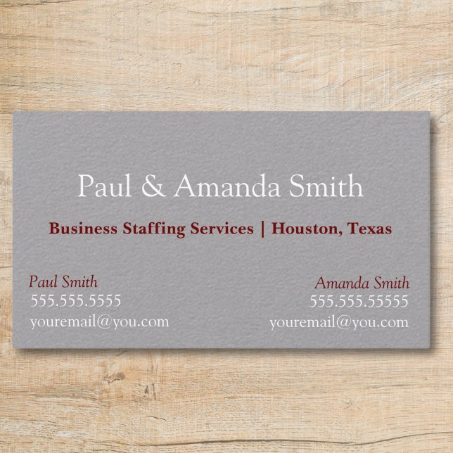 Grått Modern Affärskort med 2 Namn och kontakt Visitkort (Grey business card with slot for two names professional  white and maroon text, 2 contacts)