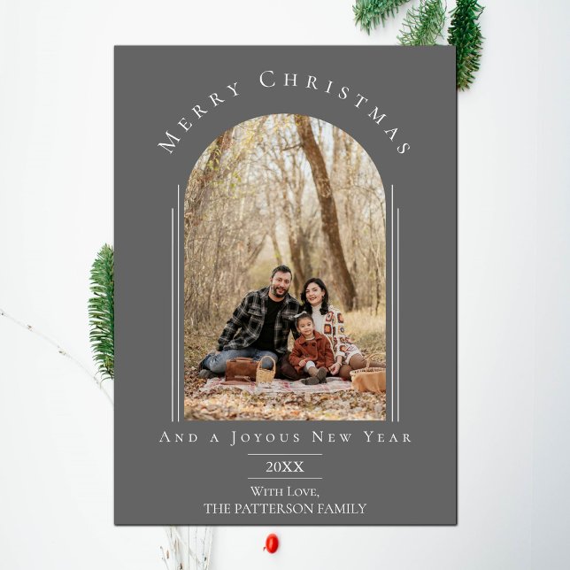 Grått Modern Arch Ram Helgdag-fotokort Julkort (Gray Modern Arch Frame Holiday Photo Card)