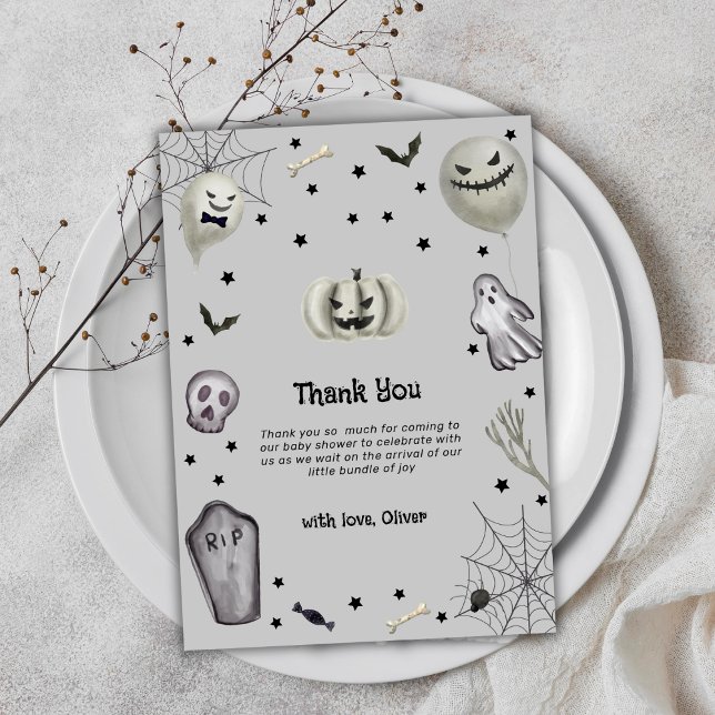 Grått Modern Little Boo Ghost Boy Shower Tack Kort (Grey Modern Little Boo Ghost Boy Baby Shower Thank You Card)