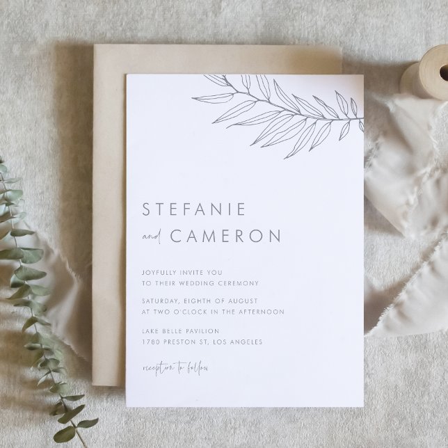 Grått Modern minimalistiskt Foliage Bröllop Inbjudningar (Gray Modern Minimalist Foliage Wedding Invitation)