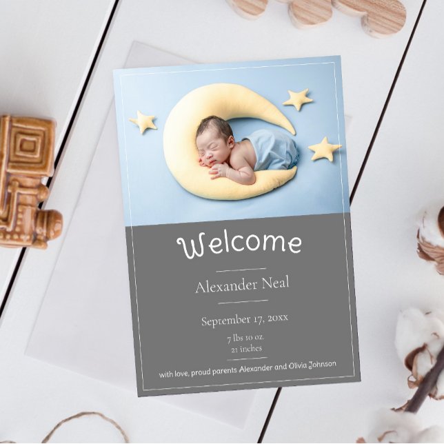 Grått Modern Photo Birth Notice Meddelande (Gray Modern Photo Birth Announcement)