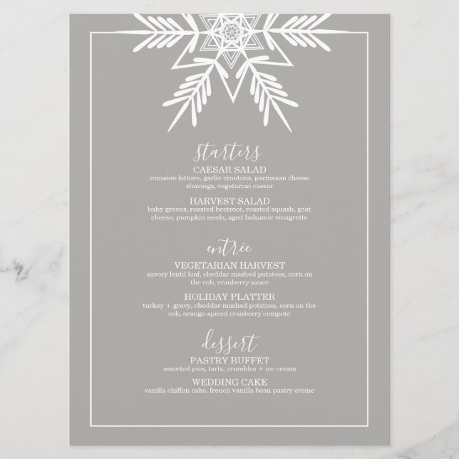 grått modern WINTER WONDERLAND bröllop Menu Meny (Framsida)