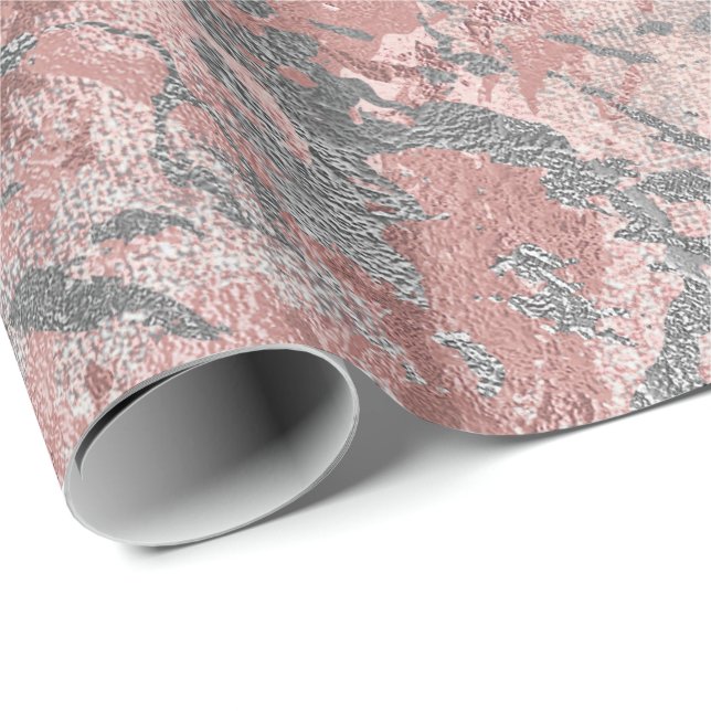Grått Molten Silver  Rosa Marble Shiny Metall Presentpapper (Rullad Hörn)