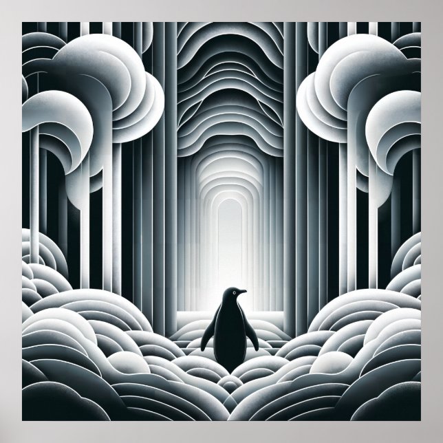 Grått Monochromatic Lovey Baby Penguin Art Deco Poster (Framsidan)