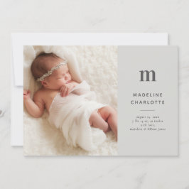 Grått Monogram 1-Photo Nyfödd bebis Birth Meddelande