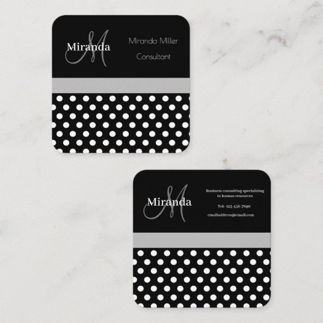 Grått Monogram Black White Polka Dot Fyrkantigt Visitkort (Fram/baksida)