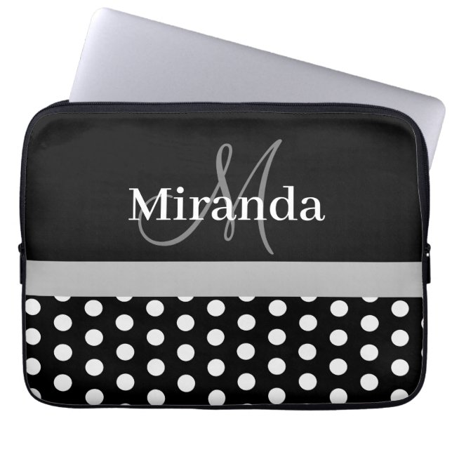 Grått Monogram Black White Polka Dot Laptop Fodral (Framsidan)