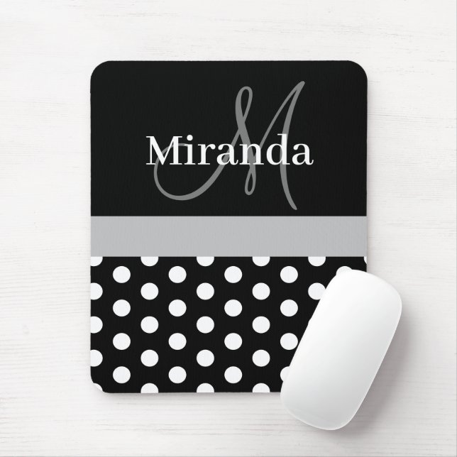 Grått Monogram Black White Polka Dot Mouse Pad Musmatta (Med mus)