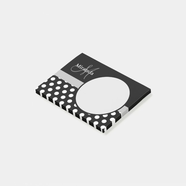 Grått Monogram Black White Polka Dot Post-it Block (Vinklad)