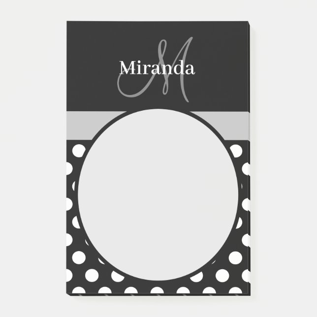 Grått Monogram Black White Polka Dot Post-it Block (Framsida)