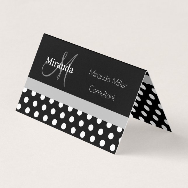 Grått Monogram Black White Polka Dot Visitkort (Framsida)