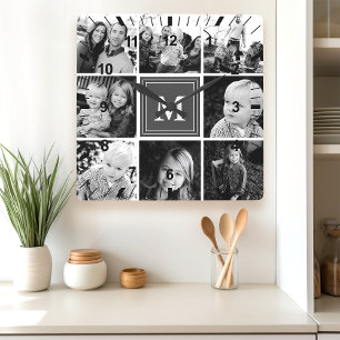 Grått Monogram Family Photo Collage Fyrkantig Klocka