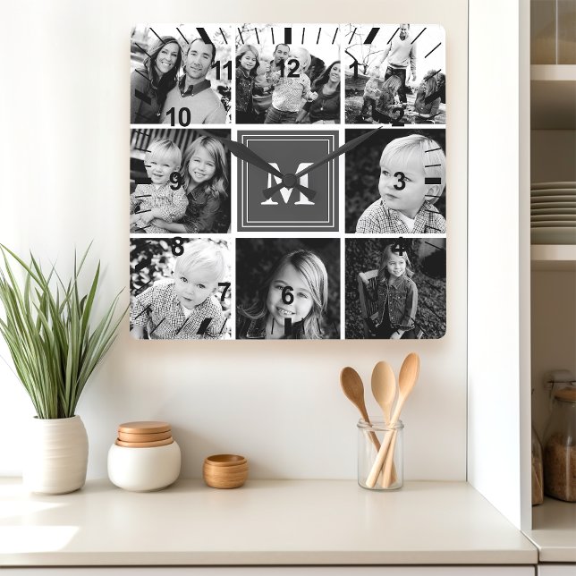 Grått Monogram Family Photo Collage Fyrkantig Klocka (Skapare uppladdad)