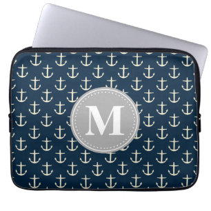 Grått Monogram från marinblå Cream Anchor Mönster Laptop Fodral