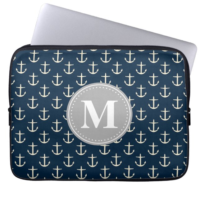 Grått Monogram från marinblå Cream Anchor Mönster Laptop Fodral (Framsidan)
