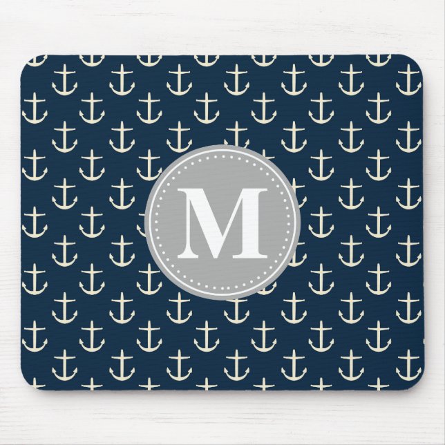 Grått Monogram från marinblå Cream Anchor Mönster Musmatta (Framsidan)