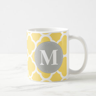 Grått Monogram Gult Quatrefoil Mönster Kaffemugg