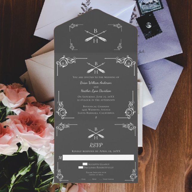Grått Monogram och pilar Bröllop (Gray Monogram and Arrows Wedding All in One Invitation)