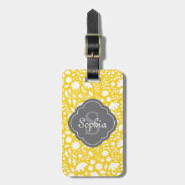 Grått Monogram Quatrefoil Gult Blommönster Bagagebricka