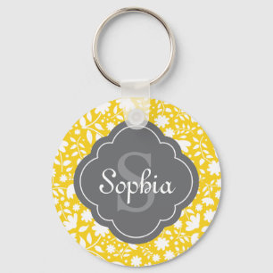 Grått Monogram Quatrefoil Gult Blommönster Nyckelring