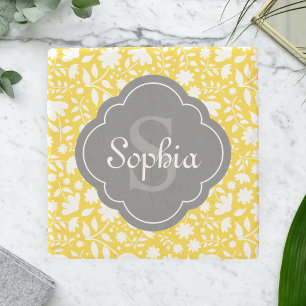 Grått Monogram Quatrefoil Gult Blommönster Underlägg Sten